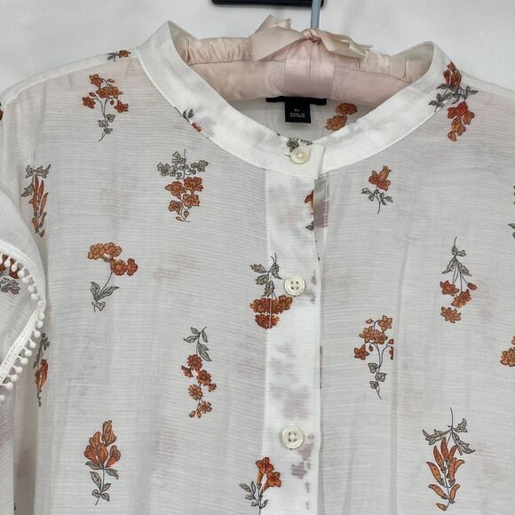 Ann Taylor Floral Feminine Blouse Semi-Sheer Linen Blend Ruffle Sleeve White XL - Picture 5 of 16